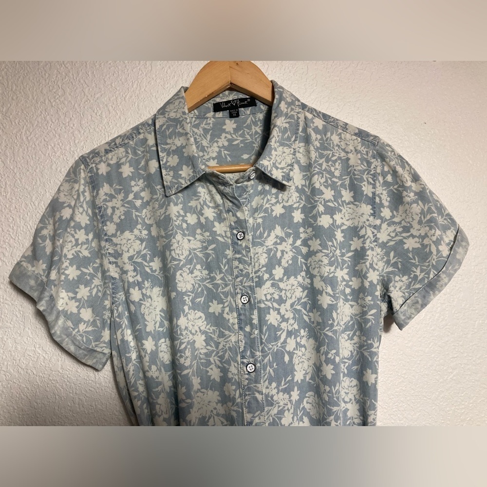 Velvet Heart floral light wash denim chambray shirt dress drop waist belt ruffle - Picture 4 of 10